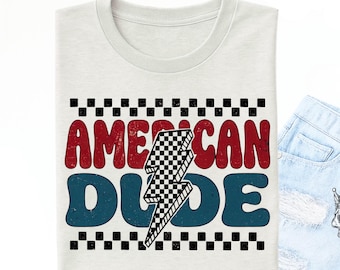 American Dude Lightning Bolt Png, Checkered USA png, 4th of July png, Patriottic Boy png Design