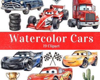 Colección de personajes de coches de carreras en acuarela: imágenes prediseñadas de coches clásicos y adorables (19 imágenes PNG), descarga digital (manualidades y sublimación).