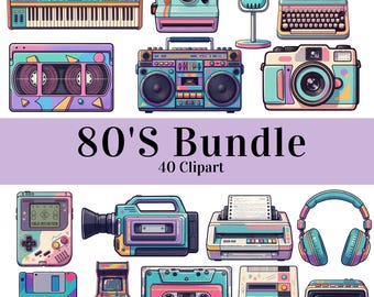 Colección Retro Nostalgia de los 80 - Paquete de Gráficos Vintage de los 80 - PNG Colorido - Descarga Digital Instantánea - Conjunto de Imágenes Preimprimibles