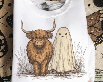 Adorable Highland Cow Ghost Png, Spooky Fall Halloween PNG, Autumn Pumpkin Cow PNG, Boo Ghost Clipart, Cute Cow Lover PNG