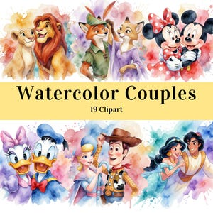 Puede incluir: Una colección digital de 19 ilustraciones en acuarela que muestran parejas animadas famosas, incluyendo leones, zorros, ratones, patos y personajes humanos, sobre salpicaduras de pintura con el texto Watercolor Couples 19 Clipart.