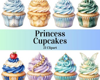 Colección de imágenes prediseñadas de cupcakes de princesa / Diseños de postres reales en acuarela PNG / Dulces de princesa en tonos pastel (descarga digital)