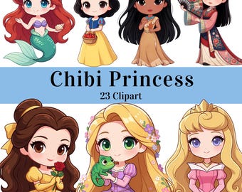 Colección de adorables personajes de princesas chibi: imágenes prediseñadas PNG de fantasía en acuarela (descarga digital)
