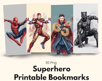 Marcapáginas de superhéroes clásicos de cómics: Colección de personajes de superhéroes en acuarela (Descarga digital PNG)