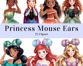 Magical Princess Collection, Mouse Ears PNG Bundle, Watercolor Sparkle Artwork PNG Stickers, Theme Park Shirt Design - Digital Download