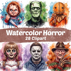 Puede incluir: Una colección digital de ilustraciones de terror en acuarela con seis personajes icónicos: una muñeca con un cuchillo, el monstruo de Frankenstein, una figura con máscara de arpillera y piruleta, una muñeca con trenzas, una figura enmascarada y un personaje con garras. Texto: Watercolor Horror 28 Clipart.