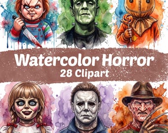 Paquete de imágenes prediseñadas de iconos de películas de terror, personajes de terror en acuarela, gráficos de Halloween, PNG con fondo transparente, descarga digital.