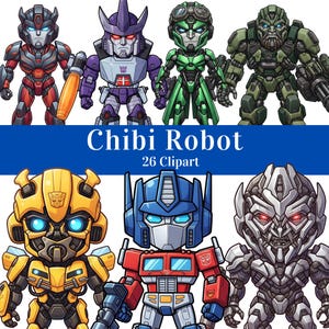 Könnte beinhalten: Eine Sammlung von sieben stilisierten Chibi-Roboter-Illustrationen mit verschiedenen mechanischen Charakteren in roter, violetter, grüner, gelber, blauer und silberner Rüstung. Das Bild enthält den Text Chibi Robot 26 Clipart auf einem blauen Banner.