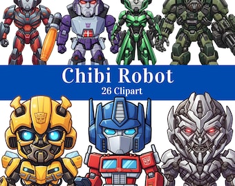 Paquete de imágenes prediseñadas de robots transformables chibi / Héroes robot retro / Personaje lindo PNG / Descarga digital para manualidades de sublimación