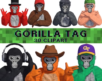 Paquete de imágenes prediseñadas de Gorilla Tag: personajes PNG para juegos de realidad virtual, ideales para pegatinas, camisetas y manualidades.
