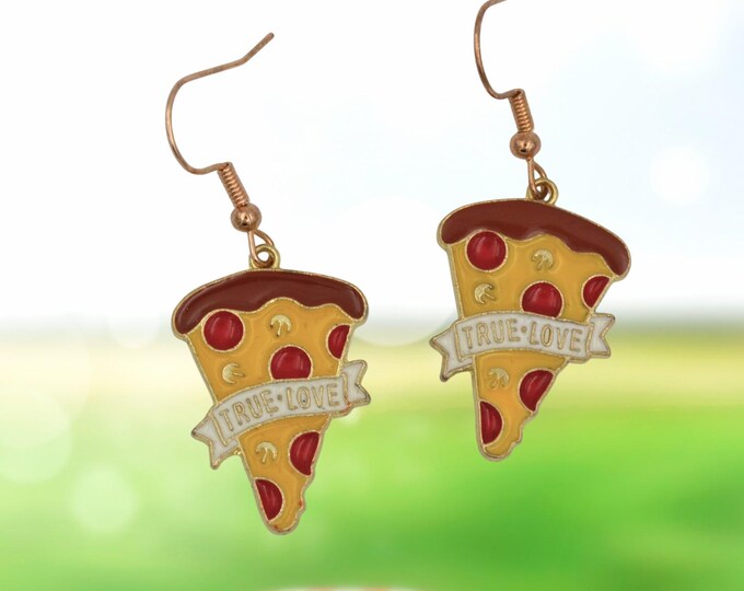 Pepperoni pizza enamel earrings - fun miniature food jewelry - great gift for pizza lover - pizza slice dangle earrings - foodie gift