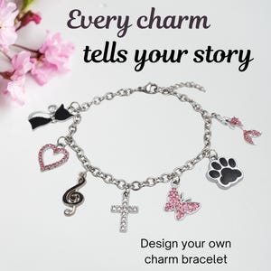 Custom charm bracelet - build your own, choose your charms, design your own jewelry, personalized, stainless steel chain, great gift idea