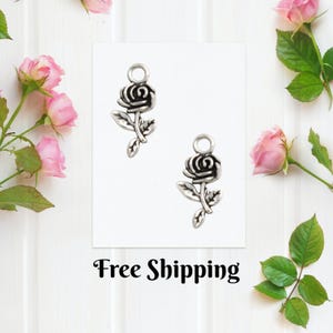 May include: Two silver-colored rose charms with a loop at the top for jewelry making. The charms are on a white background, surrounded by pink roses and green leaves. The text "Free Shipping" is at the bottom.