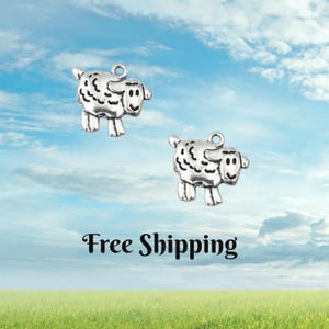 May include: Two silver-colored sheep charms with a loop for hanging. The charms are detailed with curly wool and a smiling face. The background features a blue sky with clouds and a green field.