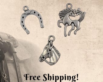 Horse charms for crafts and bracelets - western horse and horseshoe for jewelry making - cowboy pendants - jewelry supplies - silver color
