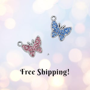 1 or 5 Butterfly Charms - pink or blue - sparkly rhinestone nature pendant for DIY jewelry & bracelet supplies - free shipping
