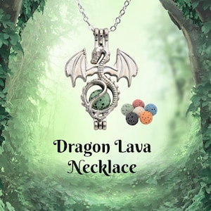 Collar de dragón con piedras de lava - Difusor de aceites esenciales de aromaterapia Collar con 6 piedras de lava, colgante de dragón místico, color plata