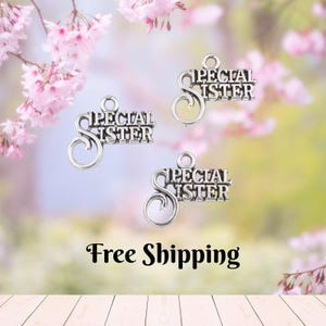 May include: Three silver-colored charms with the words "Special Sister" in a decorative font. The charms are suspended against a soft, blurred background of pink blossoms and greenery. The charms have a loop at the top for attaching to a bracelet or necklace.