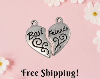 Best friend charms - set of 2 friendship heart pendants - free shipping - BFF charms for jewelry making, bracelets, & crafts - silver color