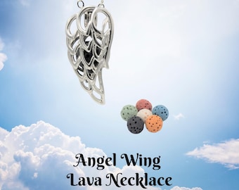 Angel Wing Necklace with lava stones - guardian angel memorial aromatherapy diffuser pendant for essential oils with 6 lava rocks