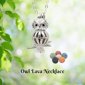 Puede incluir: Un collar con colgante de búho plateado con una cadena. El búho tiene ojos negros y un cuerpo en forma de jaula. Varias pequeñas cuentas de lava de colores se muestran debajo del búho. El texto "Owl Lava Necklace" está en la parte inferior de la imagen.