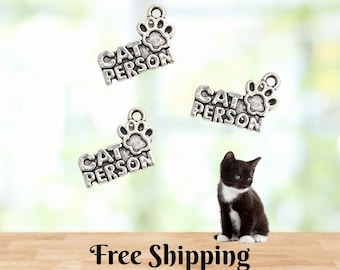 1, 5 or 10 Cat Person Charms – Cat paw DIY jewelry making supplies for bracelets, crafts & earrings - silver in color - free shipping
