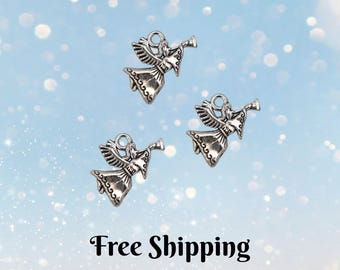 1, 5 or 10 Angel charms - religious pendant for DIY jewelry, bracelets, & crafts - Christian faith charm - angel with trumpet - silver color