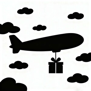 May include: A black and white illustration of a blimp carrying a gift box. The blimp is in the centre of the image, suspended in a white sky with black cloud shapes scattered around it. The gift box is tied with a bow.
