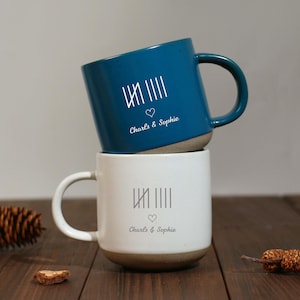 May include: Two ceramic mugs, one teal and one white, stacked. Each mug has a rounded base and a large handle. The teal mug has the text "Charls & Sophie" and a graphic. The white mug has the same text and graphic. The mugs are on a wooden surface.