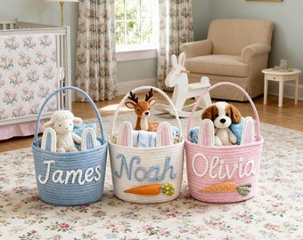 Custom Name Crochet Easter Basket 2026 - Handmade Personalized Kids Easter Basket