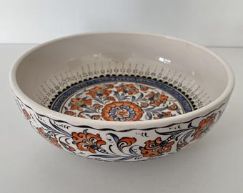 Orange and Blue Floral Design - Handmade Turkish Ceramic Serving Bowl 25 cm (10")