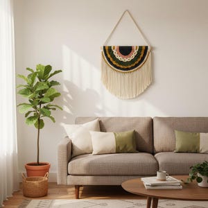 May include: A living room scene featuring a gray sofa with cream and olive green pillows. A woven wall hanging with a half-circle design in black, pink, and gold hangs above the sofa. A potted plant and a coffee table complete the decor.