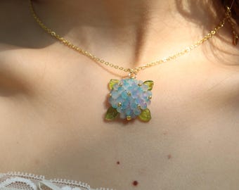 Handgemaakte kralen hortensiaketting, 18 kt verguld, roze, paars, blauw, sierlijke bloemensieraden, cadeau voor haar