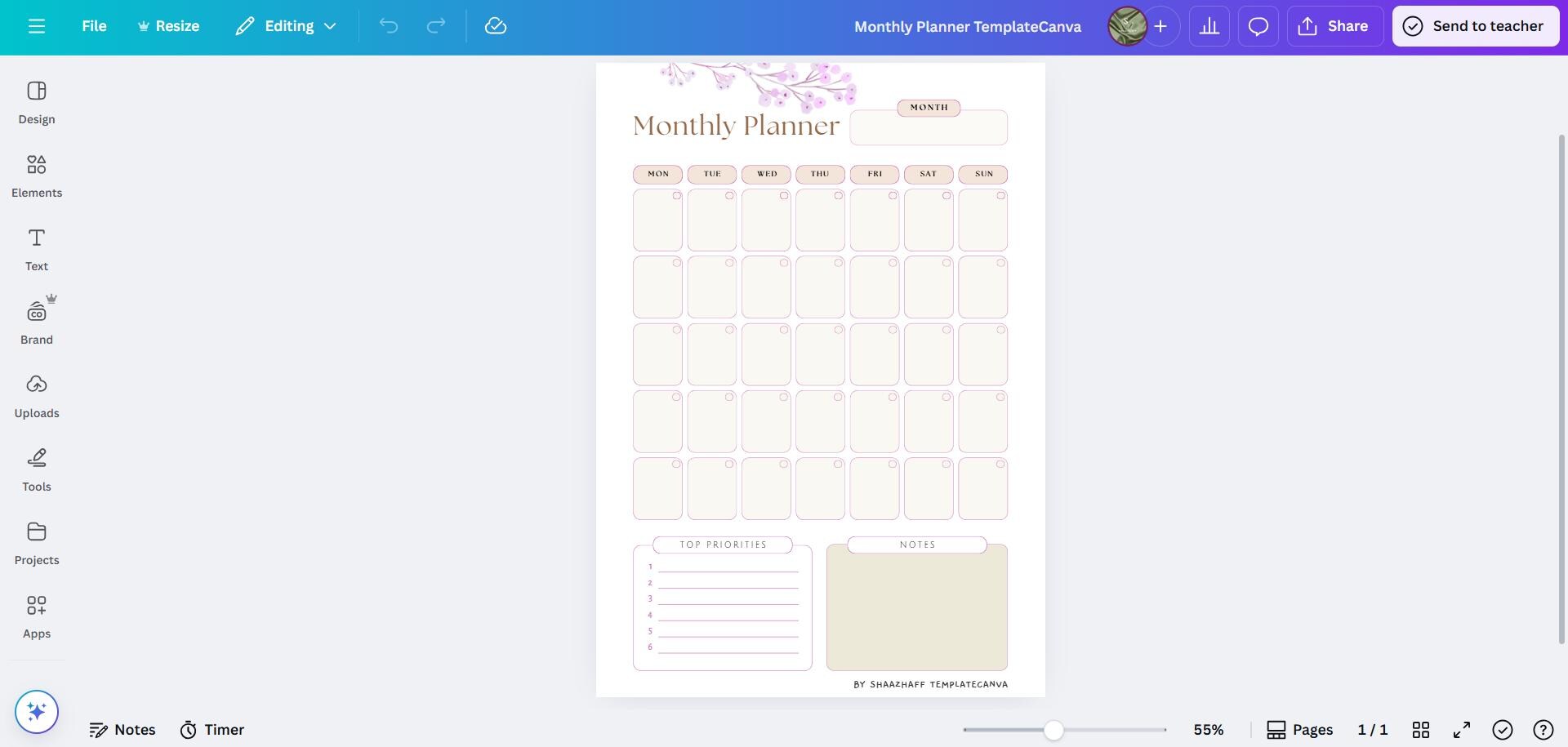 Monthly Planner Canva Template | Printable Calendar & Goals Tracker ...