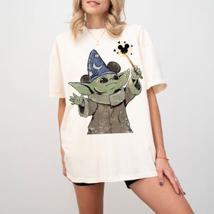 Comfort Colors Grogu Sorcerer Hat Shirt, Baby Yoda Mickey Magic Wand Tee, Star Wars Fantasia Disney Trip Shirt, Mandalorian Wizard Gift image 2