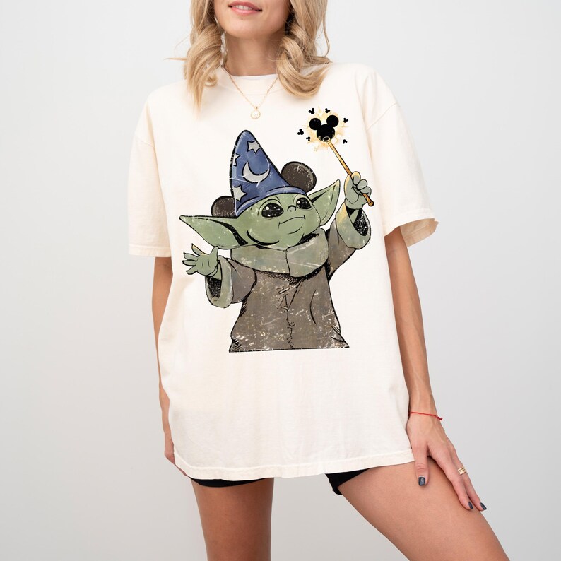 Comfort Colors Grogu Sorcerer Hat Shirt, Baby Yoda Mickey Magic Wand Tee, Star Wars Fantasia Disney Trip Shirt, Mandalorian Wizard Gift image 2