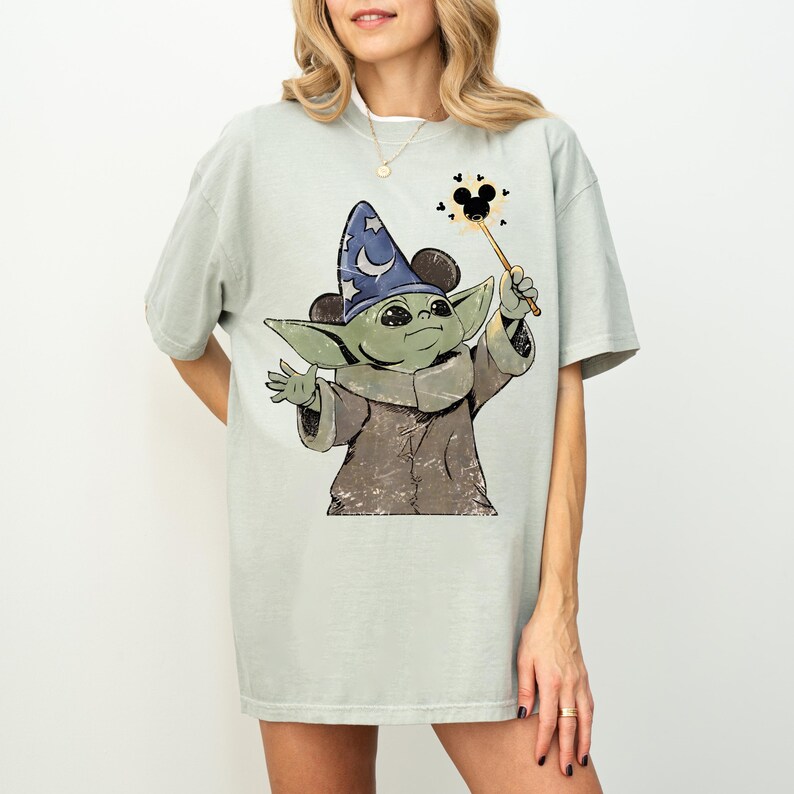 Comfort Colors Grogu Sorcerer Hat Shirt, Baby Yoda Mickey Magic Wand Tee, Star Wars Fantasia Disney Trip Shirt, Mandalorian Wizard Gift image 5