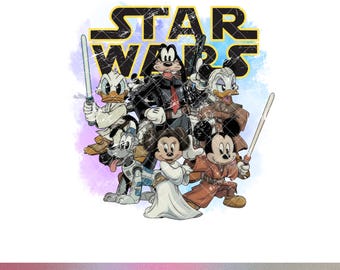 Diseño de camiseta retro para vacaciones familiares con temática de Disney Star Wars PNG: Mickey Luke Skywalker, Minnie, la Princesa Leia y un sable de luz.