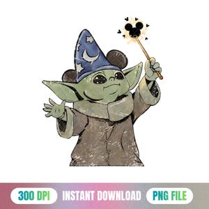 May include: A green creature with large ears wearing a blue wizard hat decorated with white stars and a crescent moon. The creature wears a brown robe and holds a thin wand topped with a black mouse-ear icon surrounded by small sparkles.