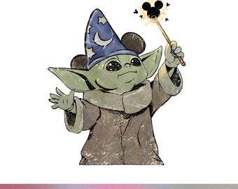 Hechicero Baby Yoda PNG Varita Mágica Sublimación Star Wars Grogu Sombrero de Mago Orejas de Mickey Retro Diseño de Camiseta Familiar de Parque Temático