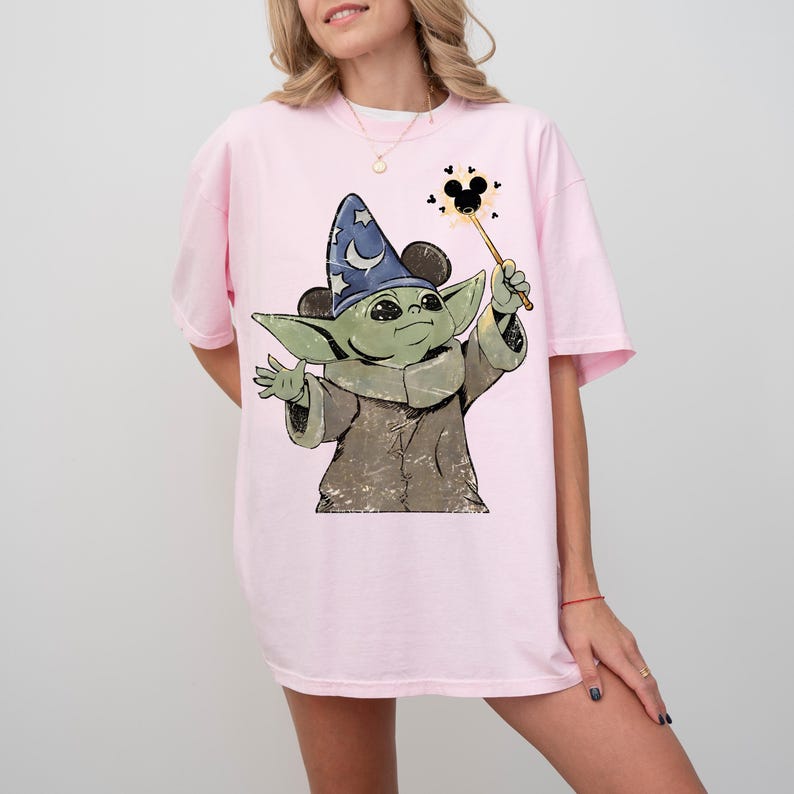 Comfort Colors Grogu Sorcerer Hat Shirt, Baby Yoda Mickey Magic Wand Tee, Star Wars Fantasia Disney Trip Shirt, Mandalorian Wizard Gift image 8