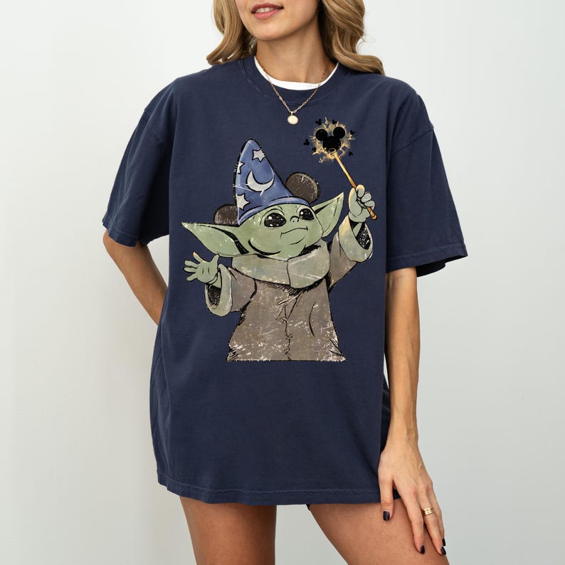 Comfort Colors Grogu Sorcerer Hat Shirt, Baby Yoda Mickey Magic Wand Tee, Star Wars Fantasia Disney Trip Shirt, Mandalorian Wizard Gift image 7