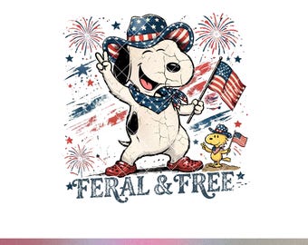 Snoopy salvaje y libre PNG Perro patriótico vintage Diseño de sublimación 4 de julio América 1776 2026 Camiseta Bandera de Woodstock Archivo