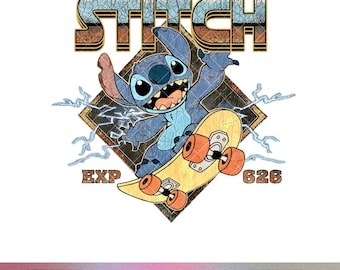Stitch Skateboard PNG Retro Exp 626 Sublimación Rayo Vintage Stitch Diseño de Camiseta Deporte Extremo Niño Camiseta Archivo