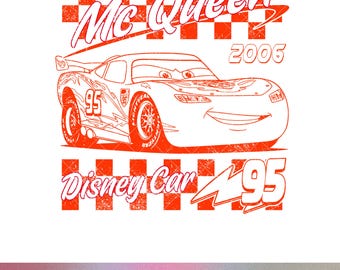 Diseño de camiseta para niño pequeño con fuente a cuadros rojos neón desgastados, de Lightning McQueen en formato PNG, estilo retro de carreras, para sublimación, de Disney Cars 95.