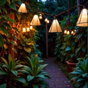 May include: A decorative string of outdoor lights with small, cone-shaped shades and warm, yellow bulbs. The lights are strung along a dark wire, illuminating a brick pathway surrounded by lush green plants and foliage. The scene creates a cosy, inviting atmosphere.
