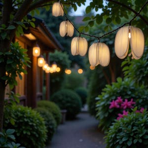 Può includere: Una fila di luci bianche a forma di fiore è appesa a un ramo, illuminando un sentiero in giardino. Le luci sono infilate su un filo nero, creando un'atmosfera calda e invitante. La scena è ambientata all'aperto, con un sentiero e una vegetazione lussureggiante sullo sfondo.