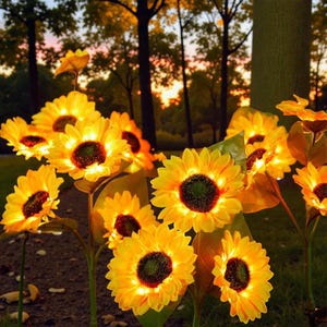 Op de afbeelding: Een cluster van verlichte kunstzonnebloemen met heldergele bloemblaadjes en donkerbruine centra. De bloemen zijn van binnenuit verlicht, wat een warme, uitnodigende gloed creëert. De achtergrond toont bomen en een zonsondergang.