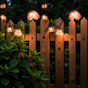 May include: A string of decorative outdoor lights with pink flower-shaped shades. The lights are strung against a wooden fence and green foliage, creating a warm, inviting ambiance. The lights are lit, and the background is dark.