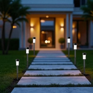 Puede incluir: Luces solares para caminos iluminan un sendero de piedra al anochecer. Las luces tienen una base negra y una lámpara cilíndrica transparente. Están espaciadas a lo largo del camino, creando un ambiente acogedor. El camino conduce a una casa.